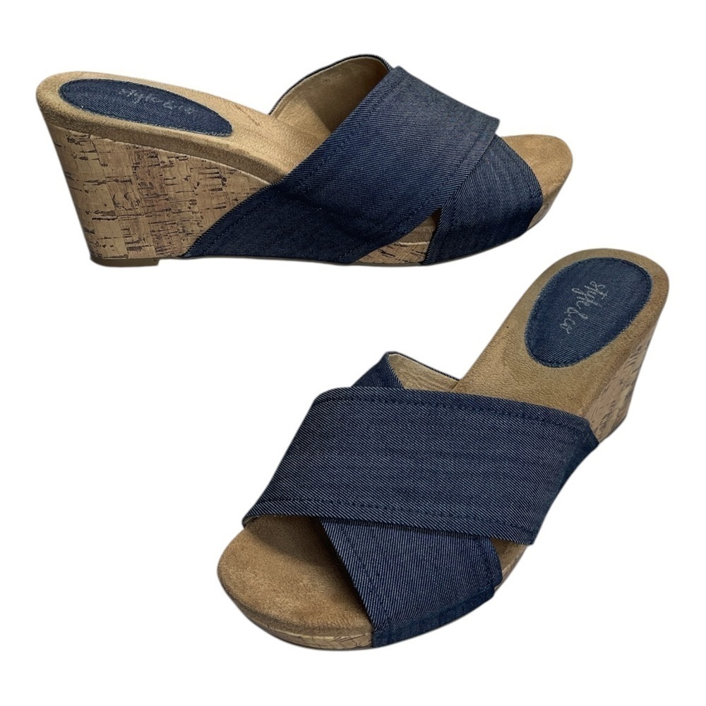 Style & Co Jillee Blue Denim Cross Strap Wedge Slip On Sandals Women’s size 7.5